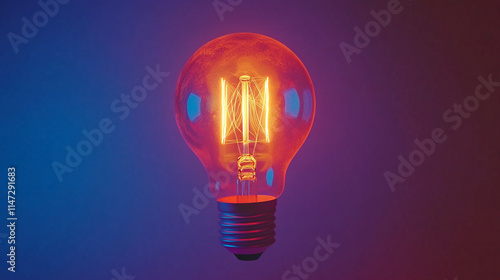 Vintage light bulb glows brightly agnst a colorful gradient background.  
