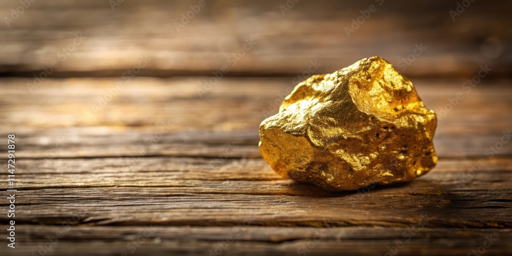 Close up of gold nugget on rustic wooden table, gold, wealth, mining, luxury, precious metal, treasure, investment