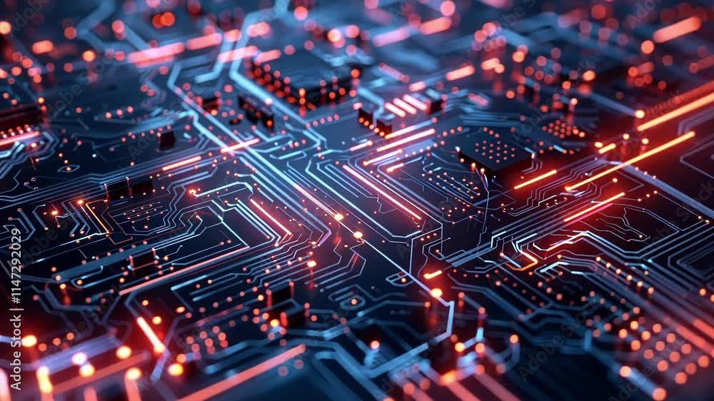 A futuristic circuit board with pathways designed in symmetrical patterns evocative of the uniformity and precision of particle accelerators. A futuristic circuit board with pathways designed in symmetrical patterns evocative of the uniformity and precision of particle accelerators.