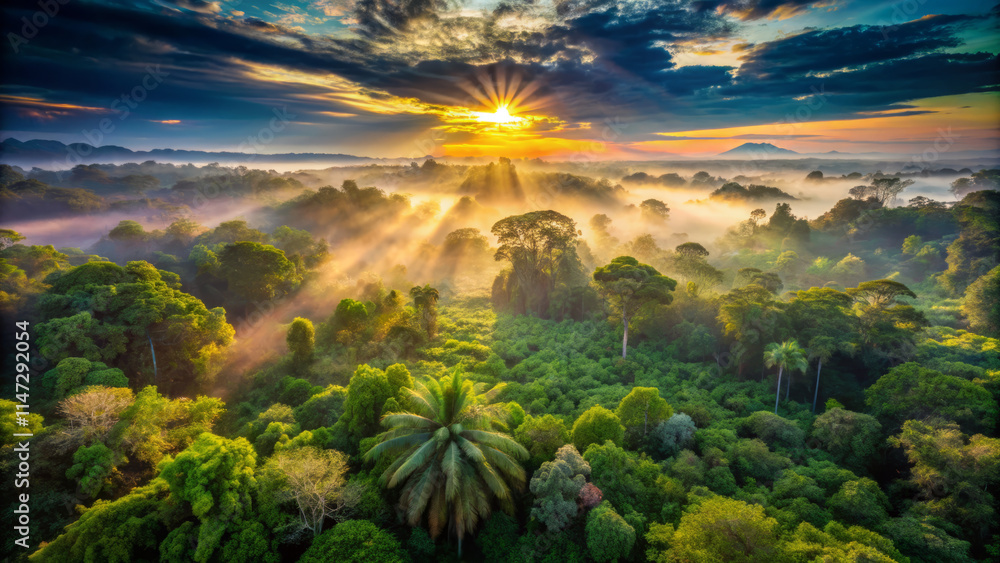 Breathtaking sunrise over lush green forest, with rays of light piercing through mist, creating serene and magical atmosphere. Nature beauty is on full display Breathtaking sunrise over lush green forest, with rays of light piercing through mist, creating serene and magical atmosphere. Nature beauty is on full display