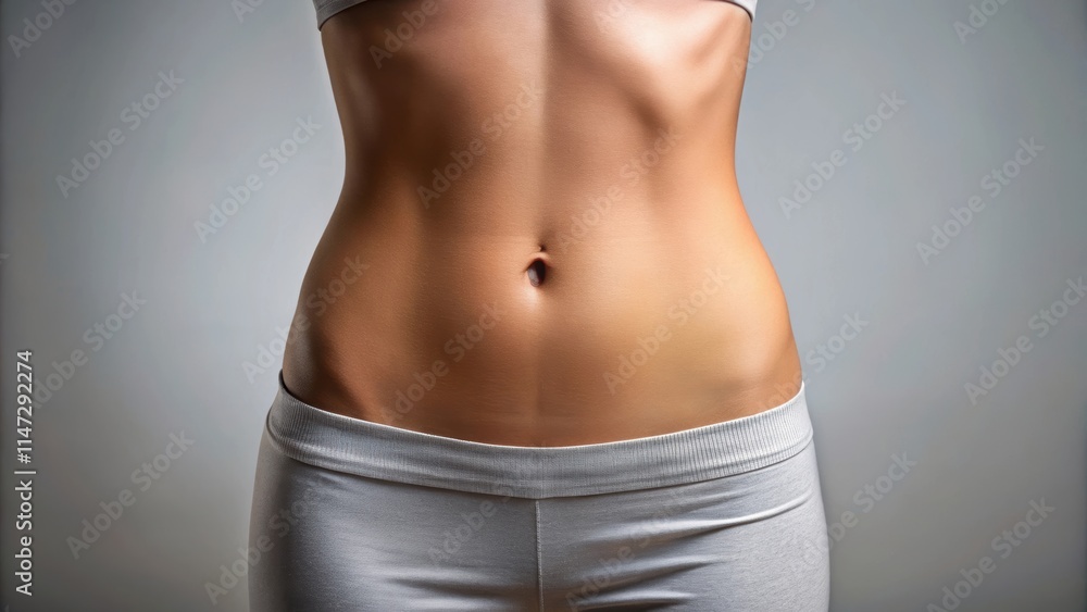 Naklejka premium Perfectly smooth skin on the stomach area, clear, flawless, healthy, abdomen, belly, skincare, beauty, abdomen, toned, fit