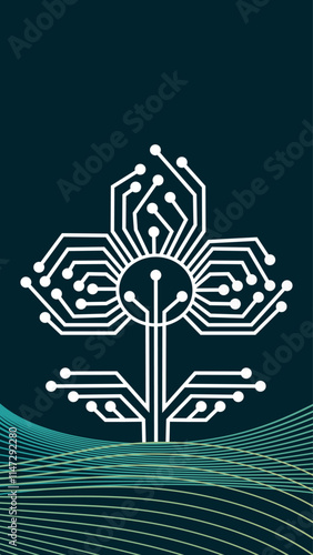Tech-Flower PCB, a schematic flower design resembling a printed circuit board (PCB). Logos, illustrations, articles, presentations, book covers, decor,