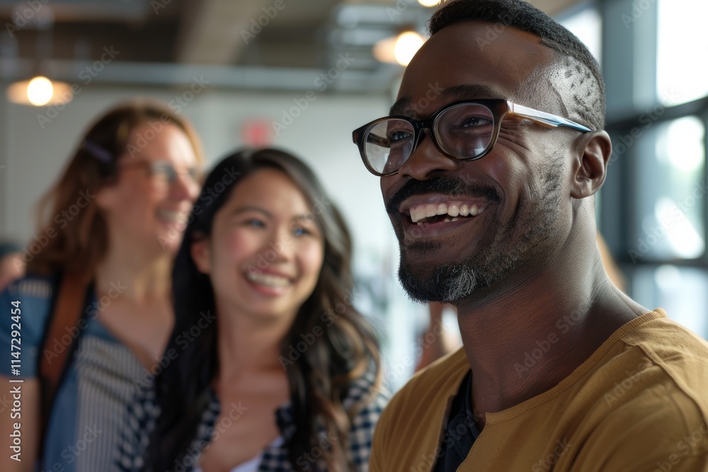 Portrait of smiling African-American businessman in eyeglasses looking at camera with colleagues in background. Portrait of smiling African-American businessman in eyeglasses looking at camera with colleagues in background.