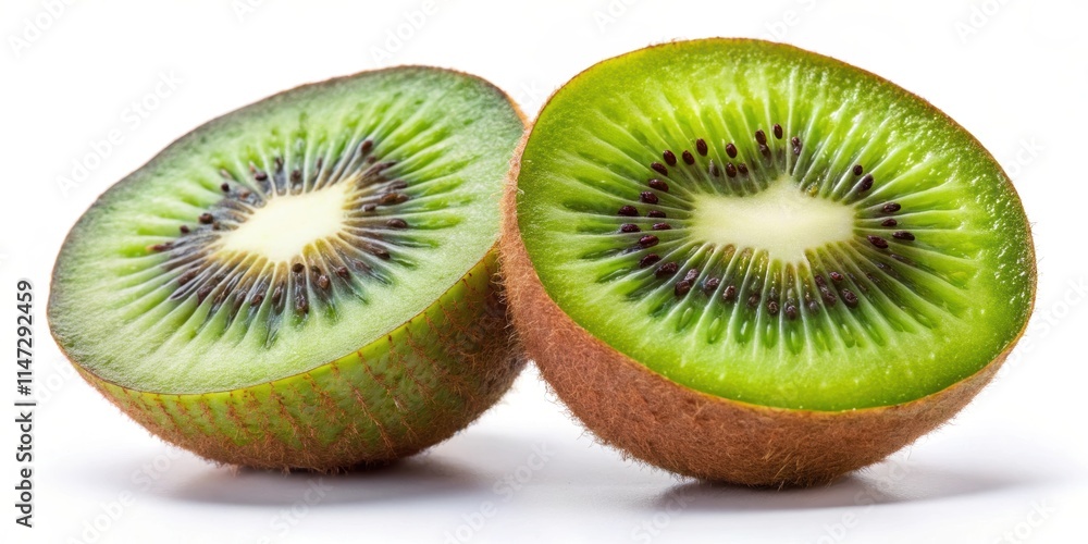 Fototapeta premium Sliced fresh kiwi fruit on a white background, kiwi, fresh, fruit, green, healthy, organic, tropical, vitamin C, juicy