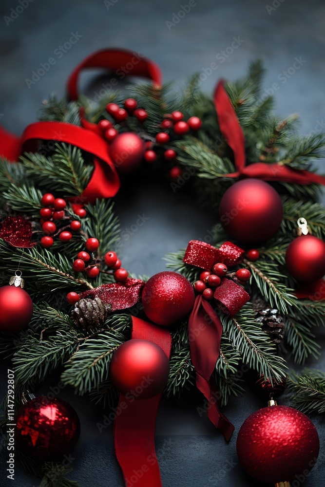 Christmas Wreath with Red Ornaments and Ribbon - Illustration Christmas Wreath with Red Ornaments and Ribbon - Illustration