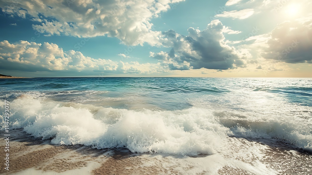 Ocean waves crashing on sandy beach at sunset Ocean waves crashing on sandy beach at sunset