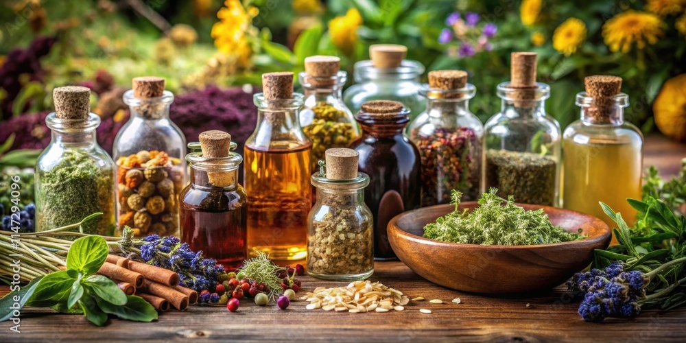Bottles of herbal tincture surrounded by assortment of dry healing herbs , herbal medicine Bottles of herbal tincture surrounded by assortment of dry healing herbs , herbal medicine