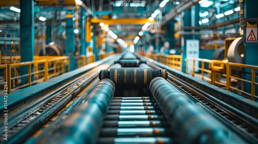 Industrial Roller Conveyor System in a Modern Factory Setting Industrial Roller Conveyor System in a Modern Factory Setting