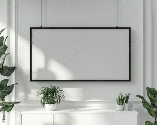 Jet-black frame placed above a white cabinet, offering room for your custom images or messages. photo