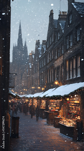 Edinburgh Royal Mile Christmas Market Snowfall photo