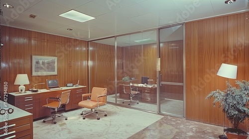 Mid-century Modern Office Interior with Wood Paneling and Glass Partition