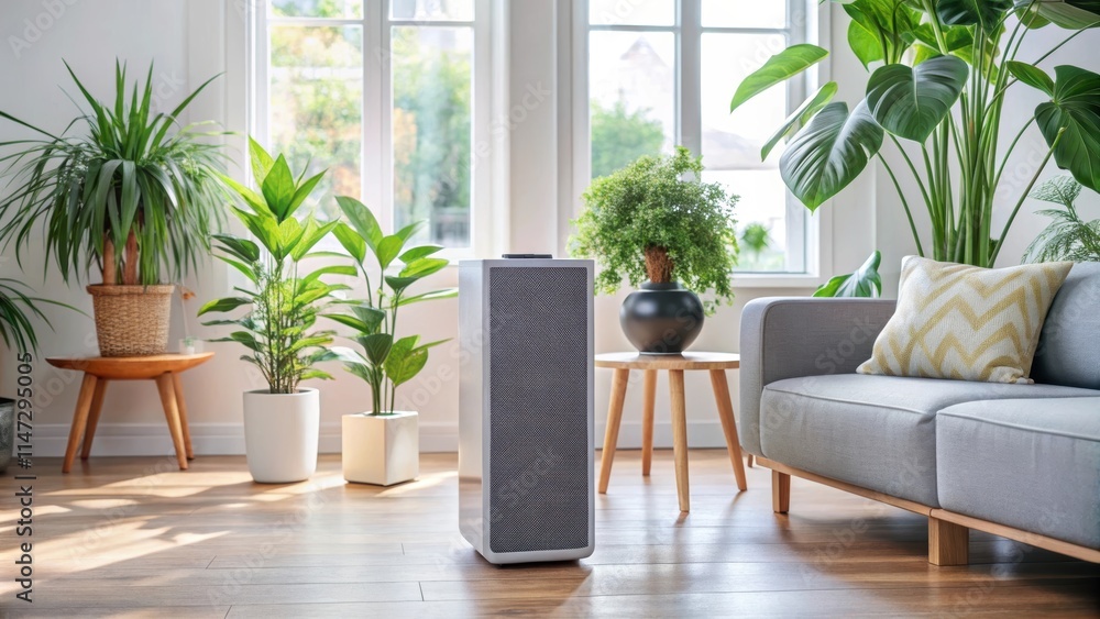 Fototapeta premium Sleek speaker in bright living room with plants and cozy decor , speaker, living room, bright, natural light, plants