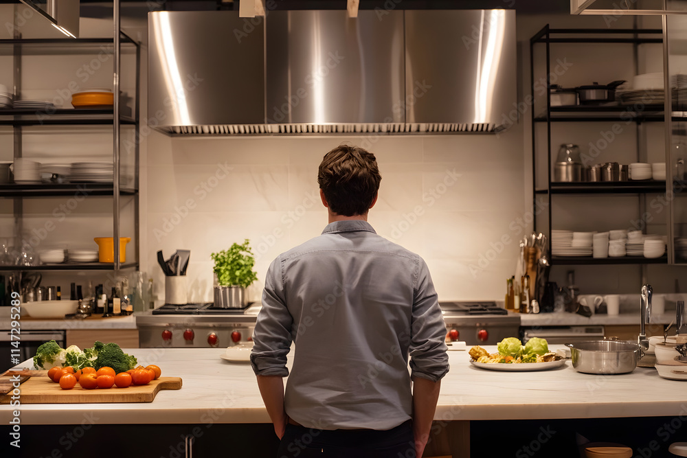 Man in Modern Kitchen with Food Preparation Area Man in Modern Kitchen with Food Preparation Area