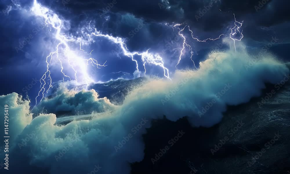 A dramatic seascape depicting turbulent waves and lightning in a stormy sky. A dramatic seascape depicting turbulent waves and lightning in a stormy sky.