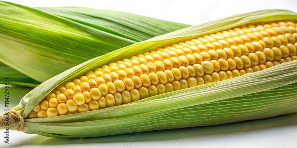 Fresh ear of corn on the cob with green husk , agriculture, crop, yellow, healthy, organic, maize, farm, vegetable, nutrition Fresh ear of corn on the cob with green husk , agriculture, crop, yellow, healthy, organic, maize, farm, vegetable, nutrition