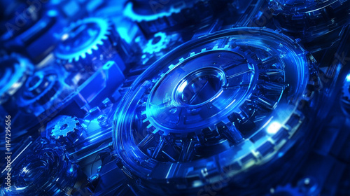 Gears integrated in a complex machine illuminated by blue light at night.   photo