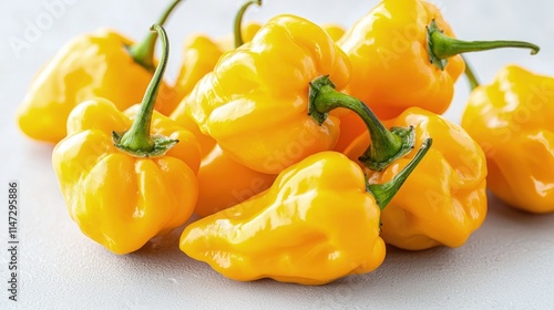 Close-up of a pile of fresh, bright yellow habanero peppers.