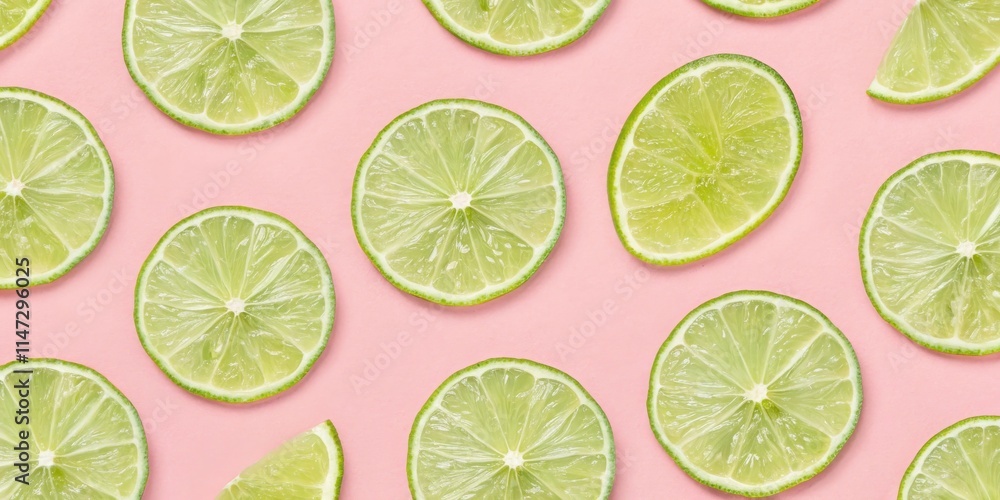 A vibrant display of fresh lime slices arranged in a symmetrical pattern on a pastel pink background, showcasing the citrus fruit's juicy and tangy nature. A vibrant display of fresh lime slices arranged in a symmetrical pattern on a pastel pink background, showcasing the citrus fruit's juicy and tangy nature.