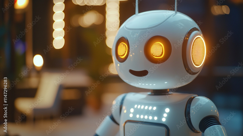 Robot with glowing eyes engaging with people at nighttime event. Robot with glowing eyes engaging with people at nighttime event.