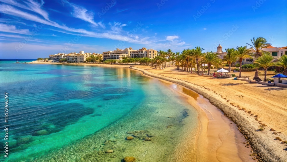 Fototapeta premium Sandy beaches and luxury resorts along the Red Sea coast in Hurghada, Egypt, Red Sea, coast, sandy beaches, resorts, luxury