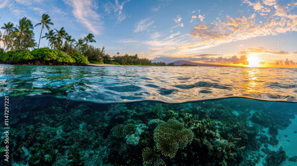 A serene sunset over a tropical ocean, showcasing vibrant coral reefs beneath clear water and lush greenery along the shoreline.