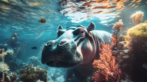 Fototapeta Naklejka Na Ścianę i Meble -  Hippopotamus underwater portrait: vibrant coral reef encounter ai generated. Submerged. Illustration