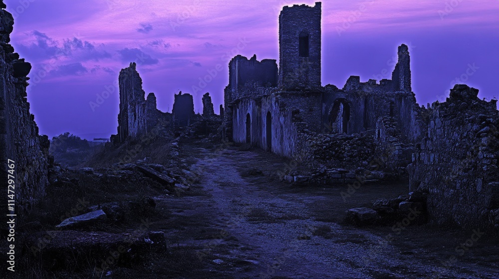 Mysterious Ruins at Twilight with Purple Sky and Ancient Structures Mysterious Ruins at Twilight with Purple Sky and Ancient Structures