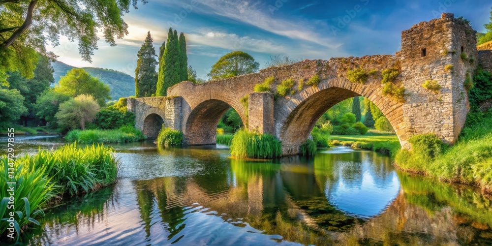 Fototapeta premium Medieval stone bridge over the tranquil river of the Garden of Ninfa, Italy , Medieval, stone bridge