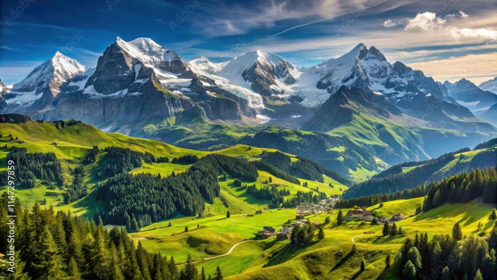 Fototapeta premium Panoramic view of Eiger, Monch, and Jungfrau mountains with lush green Alps surrounding Mannlichen , Switzerland