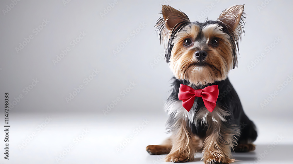 A small dog wearing a red bow tie sits on a white surface A small dog wearing a red bow tie sits on a white surface
