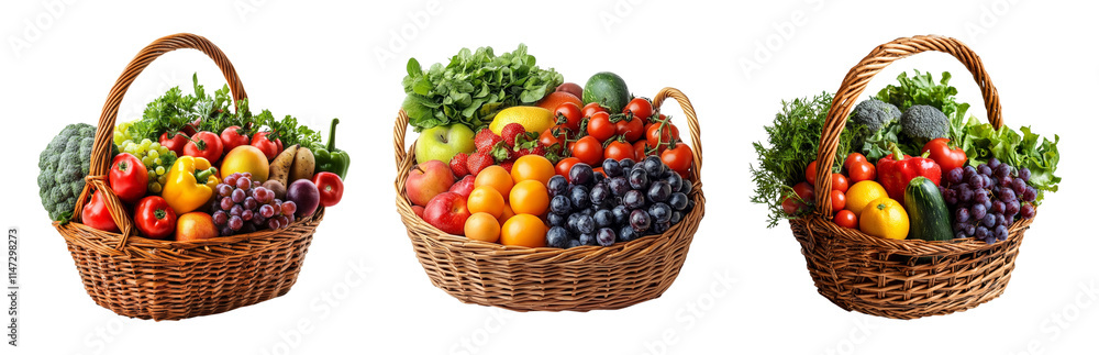 Fresh Fruit and Vegetable Baskets Displayed Together Isolated on transparent background Fresh Fruit and Vegetable Baskets Displayed Together Isolated on transparent background