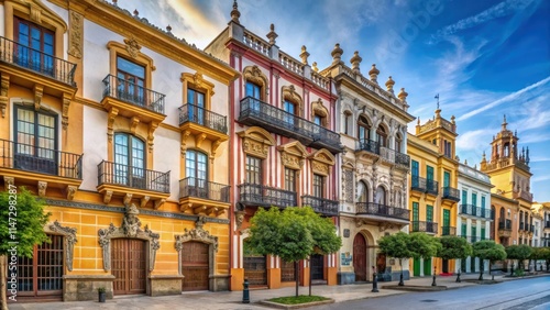 Beautiful historical houses with intricate architectural details on Avenida de la Constitucion in Seville photo