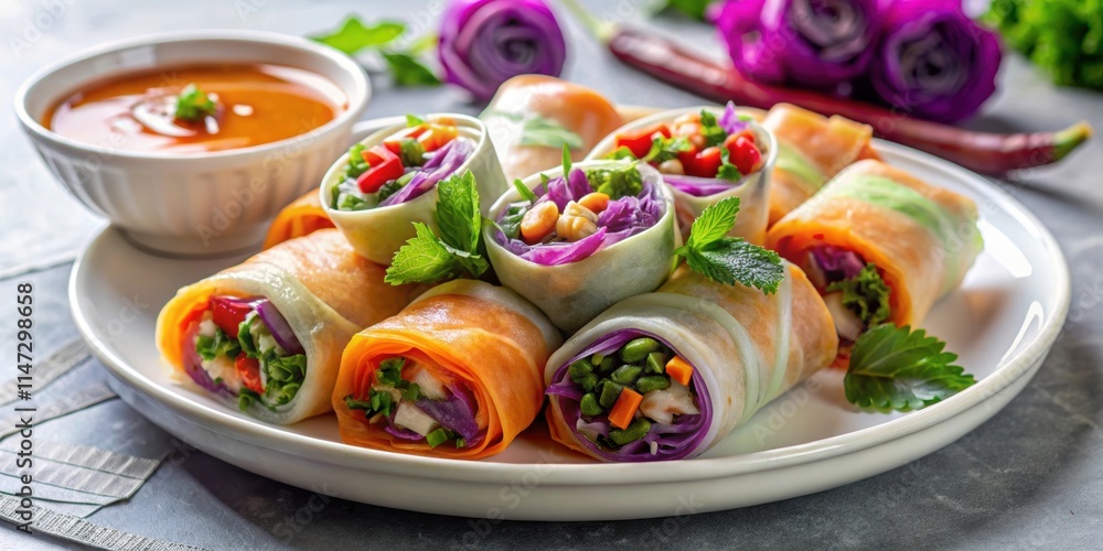Vietnamese vegetarian spring rolls with spicy sauce, carrot, cucumber, red cabbage Vietnamese vegetarian spring rolls with spicy sauce, carrot, cucumber, red cabbage