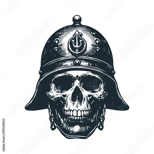 Skull wearing an armor helmet. Black white vector illustration.
