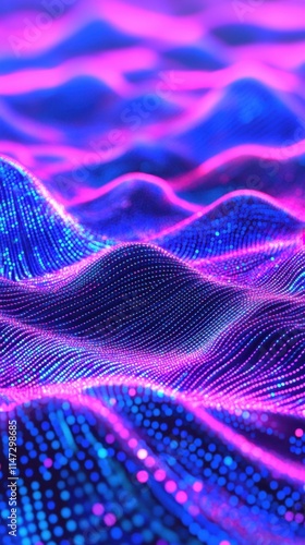 Abstract digital landscape with vibrant pink and blue glowing lines and dots.