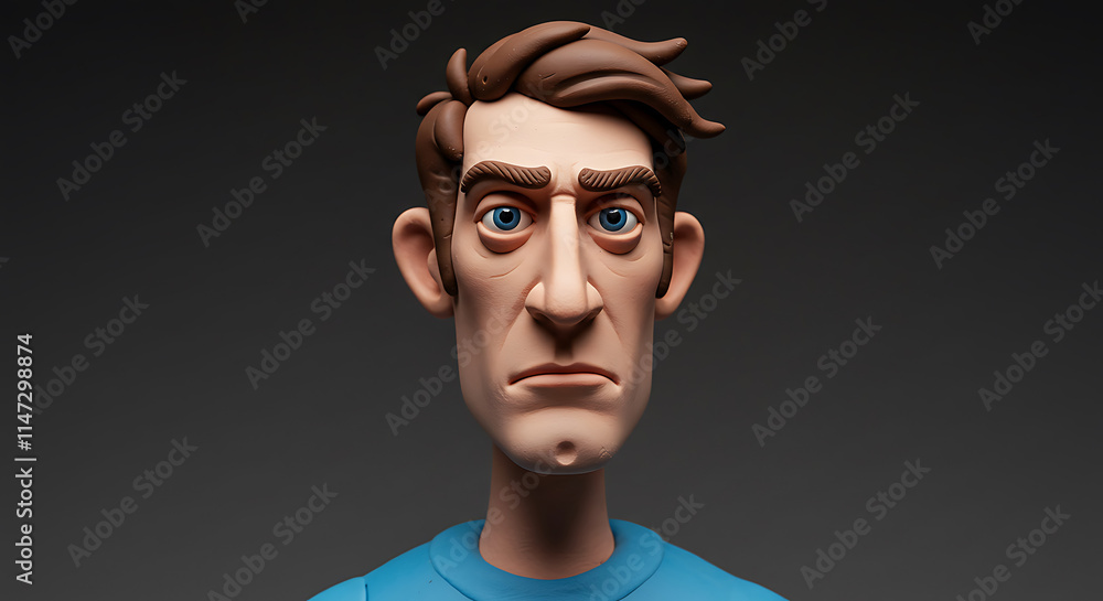 A Claymation figure of a man with brown hair and a blue shirt looks directly at the camera with a serious expression A Claymation figure of a man with brown hair and a blue shirt looks directly at the camera with a serious expression