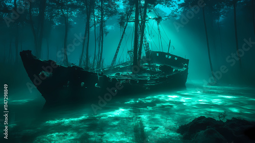 An abandoned sunken pirate ship now turned into an aquatic elves habitation submerged in a bioluminescent forest. Submerged. Illustration