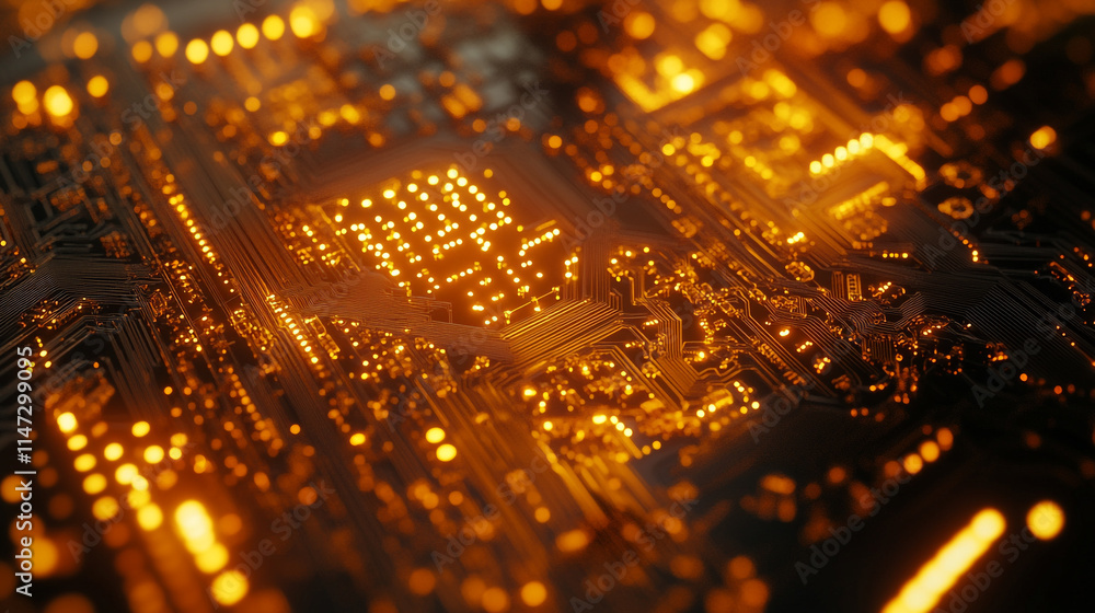 Electronic circuit board glowing with intricate patterns and lights. Electronic circuit board glowing with intricate patterns and lights.