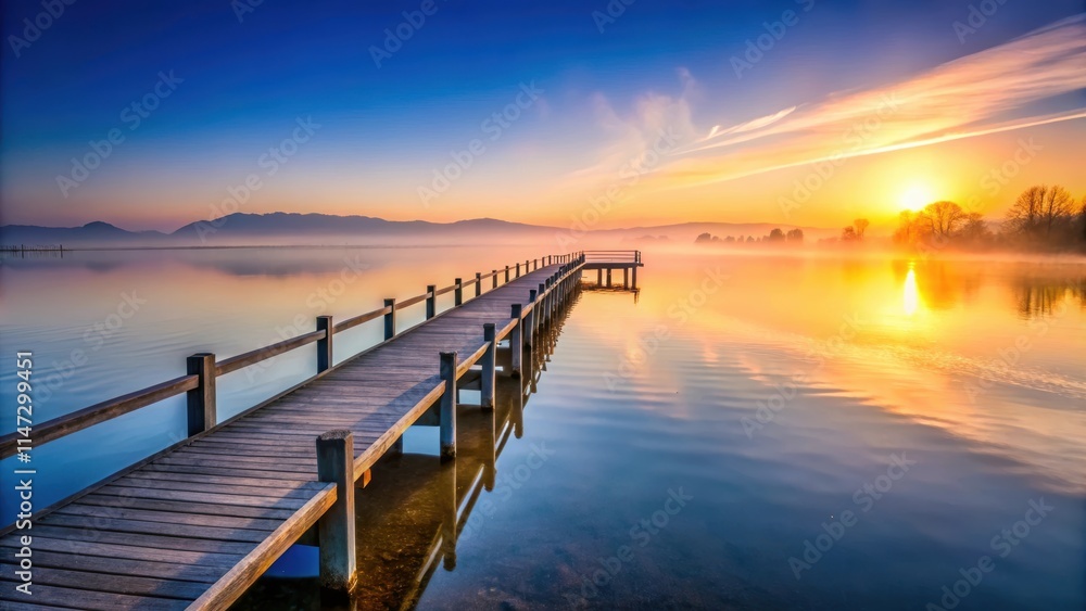 Pier at Lake Chiemsee at Sunrise with fog on water, pier, lake, Chiemsee, sunrise, fog, water, reflection, serene, tranquil Pier at Lake Chiemsee at Sunrise with fog on water, pier, lake, Chiemsee, sunrise, fog, water, reflection, serene, tranquil