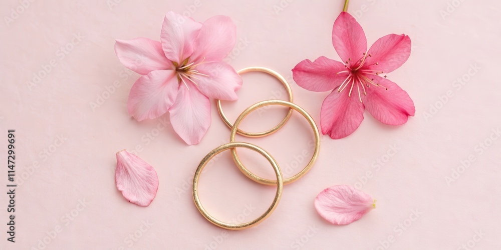 Delicate Pink Blossoms Adorn Shiny Gold Rings on a Soft Pink Background Delicate Pink Blossoms Adorn Shiny Gold Rings on a Soft Pink Background
