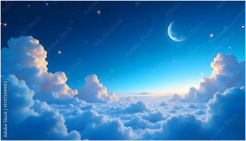 Night sky background with clouds and stars. Vector magic space illustration. Dreamy blue gradient galaxy. Cartoon cosmic fantasy universe landscape Night sky background with clouds and stars. Vector magic space illustration. Dreamy blue gradient galaxy. Cartoon cosmic fantasy universe landscape