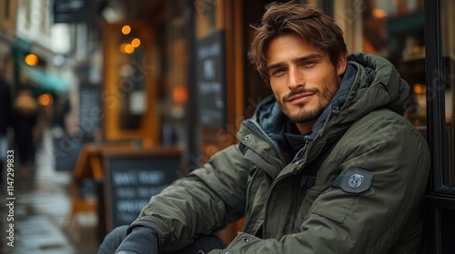 Young man in a cozy outdoor café setting.