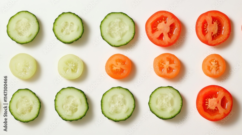 Sliced Cucumbers and Tomatoes Arranged in Rows Sliced Cucumbers and Tomatoes Arranged in Rows