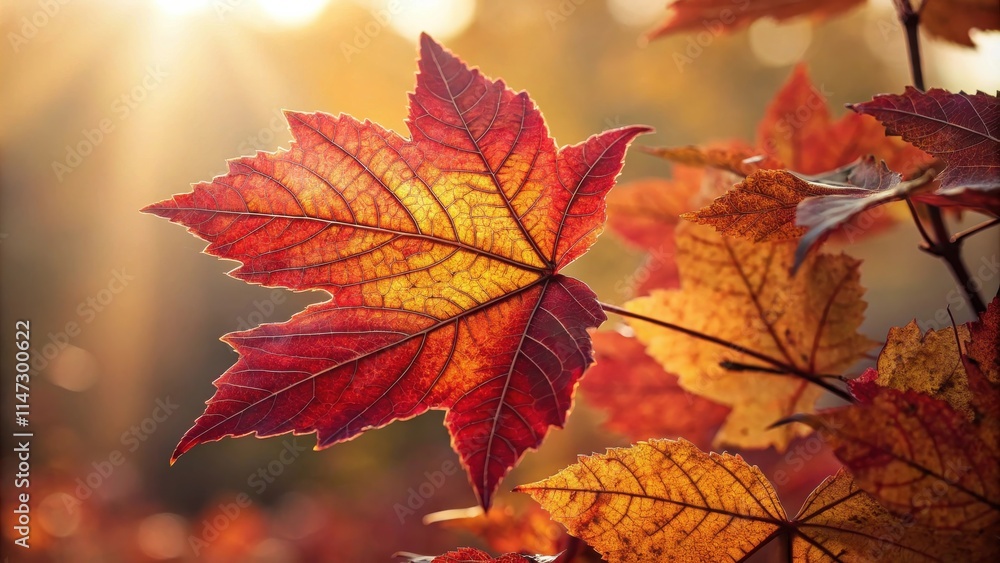 Fototapeta premium A single red and orange maple leaf bathed in golden sunlight, with other leaves blurred in the background, showcasing the beauty of autumn foliage.