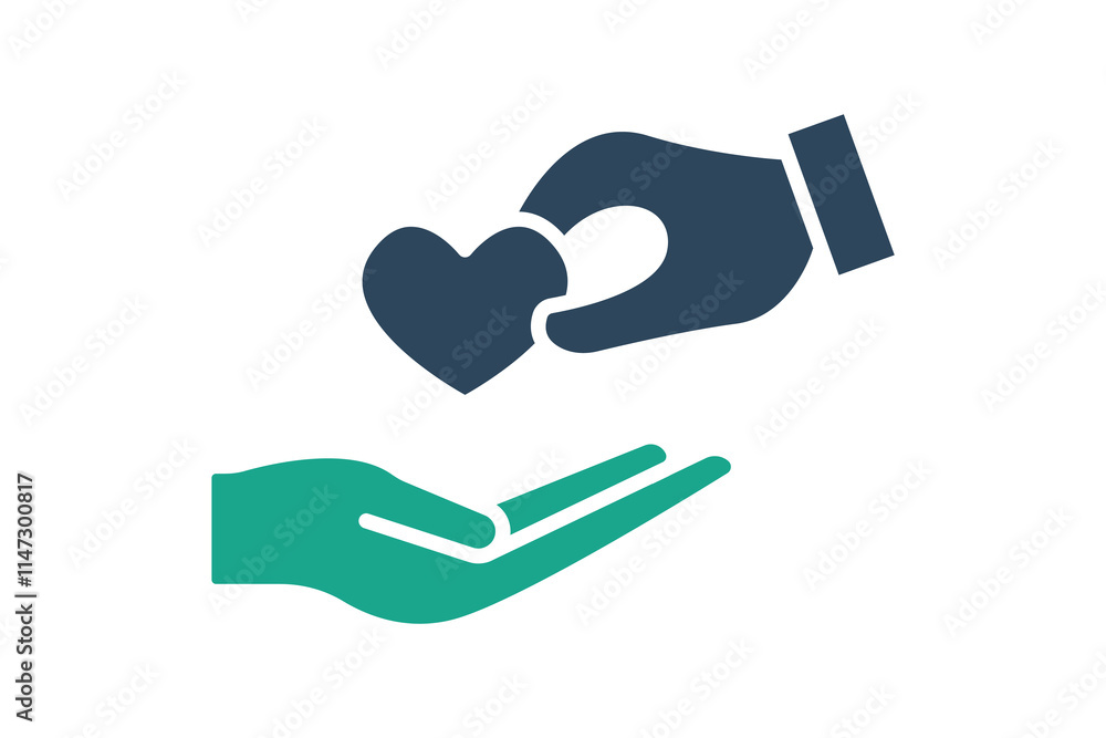 Caring icon. solid icon style. hand giving with heart. icon related to charity. donation elements vector illustration Caring icon. solid icon style. hand giving with heart. icon related to charity. donation elements vector illustration