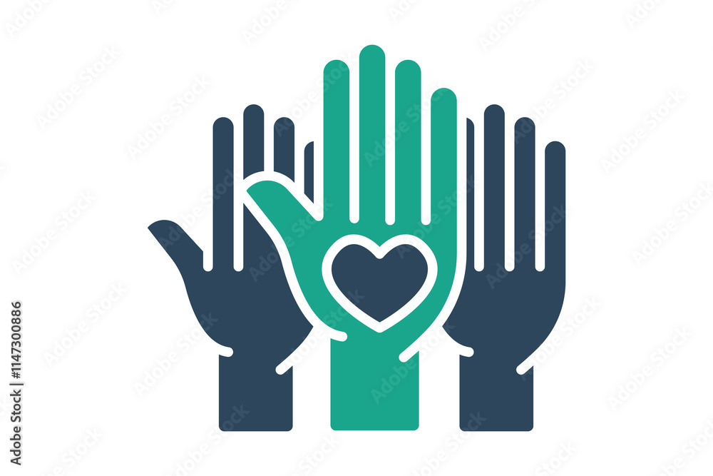 Volunteers icon. solid icon style. hand with heart. icon related to charity. donation elements vector illustration Volunteers icon. solid icon style. hand with heart. icon related to charity. donation elements vector illustration