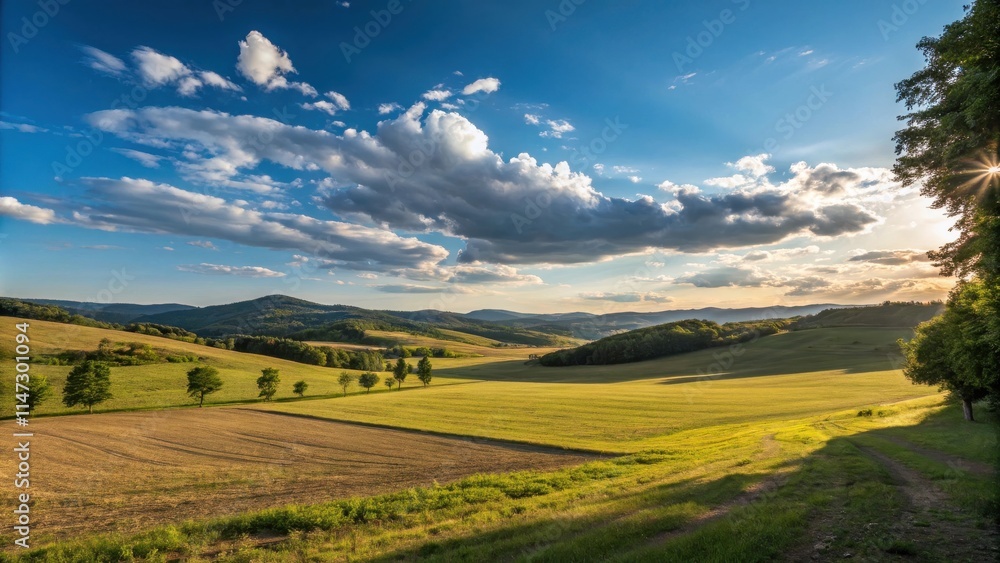Fototapeta premium Rolling hills, bathed in golden sunlight, create a picturesque landscape, with vibrant green fields and a blue sky dotted with fluffy clouds.