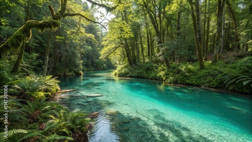 A winding river meanders through a verdant forest, its turquoise waters sparkling in the sunlight.