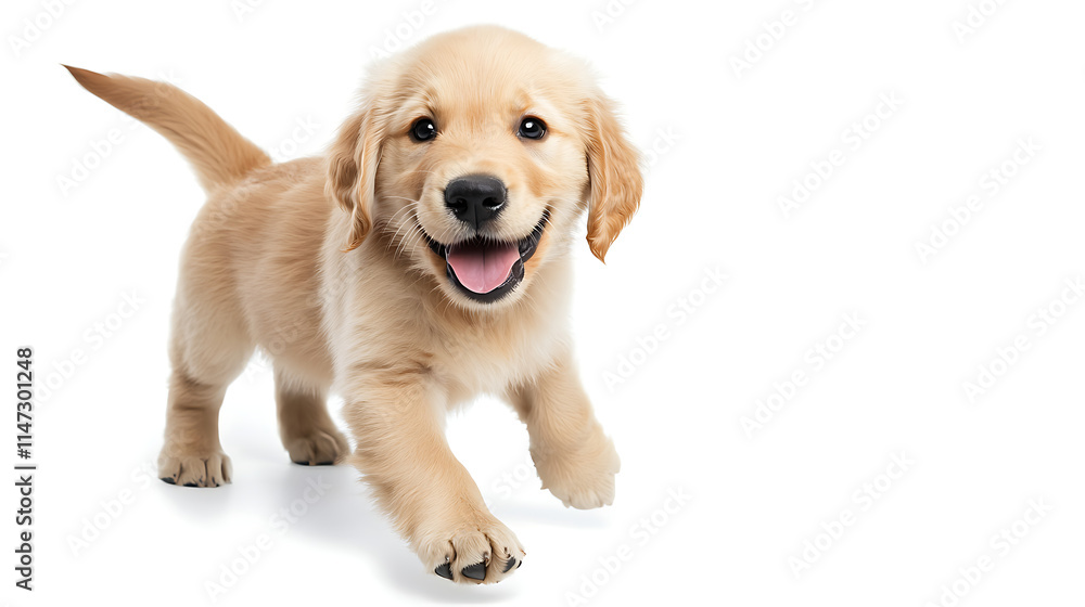 A small golden retriever puppy is running and smiling A small golden retriever puppy is running and smiling