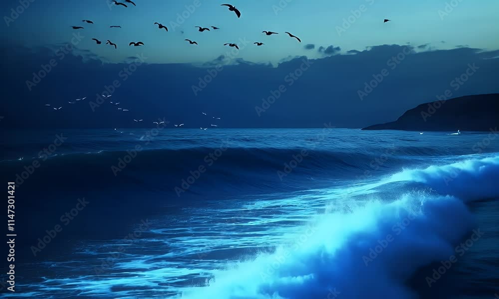 A serene ocean scene at dusk with waves and birds in the sky. A serene ocean scene at dusk with waves and birds in the sky.